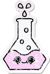 distressed sticker of a cute cartoon science beaker