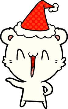 laughing polar bear comic book style illustration of a wearing santa hat