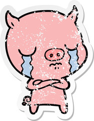 distressed sticker of a cartoon pig crying