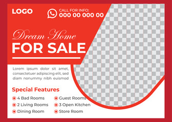 home for sale or rent flyer or banner template design with photo and text placement, professional eye-catchy colorful design. Standard for web page banner and social media, horizontal vector layout.