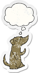 cartoon dog and thought bubble as a distressed worn sticker