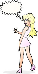 cartoon woman posing in dress with speech bubble