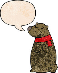 cartoon bear wearing scarf and speech bubble in retro texture style