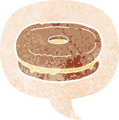 cartoon biscuit and speech bubble in retro textured style