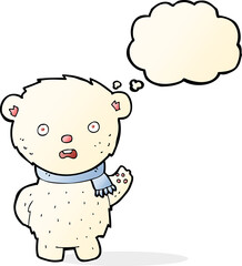 cartoon polar bear wearing scarf with thought bubble