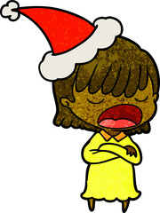 textured cartoon of a woman talking loudly wearing santa hat