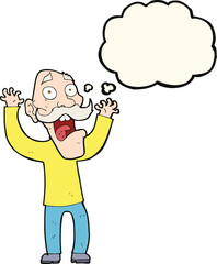 cartoon old man getting a fright with thought bubble