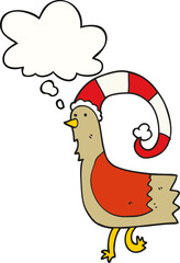 cartoon chicken in funny christmas hat and thought bubble