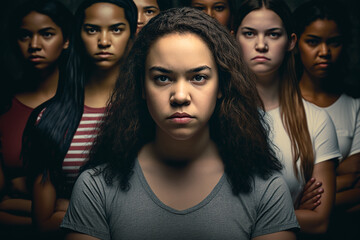 Fototapeta premium Young woman standing with a group of strong independent women. Generative IA