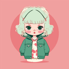 Cute kawaii cartoon of a girl with a green jacket on her head