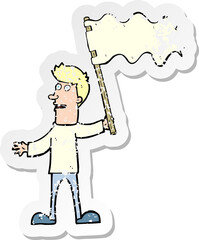 retro distressed sticker of a cartoon man waving white flag