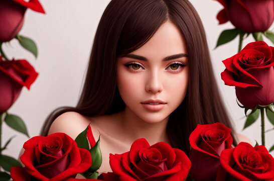 Beautiful woman in roses. Portrait of pretty model with composition of red roses. Generative AI.