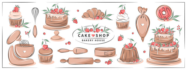 Big set kitchen tools, sweet products, different desserts for pastry and bread shop, cookings. Whisk, cutlery, spatulas, mixer, cake, croissant, donut and berry. Vector illustration