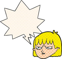 cartoon angry woman and speech bubble in comic book style