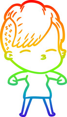 rainbow gradient line drawing cartoon squinting girl