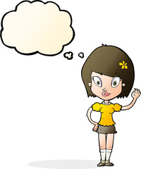 cartoon pretty girl waving with thought bubble