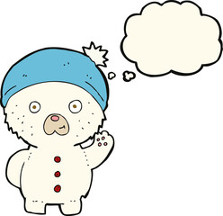 cartoon waving polar teddy bear in winter hat with thought bubble