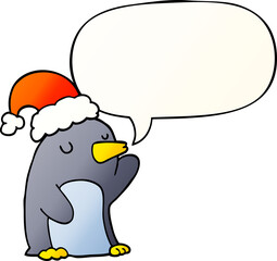 cute cartoon christmas penguin and speech bubble in smooth gradient style