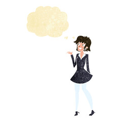 cartoon pretty woman in dress with thought bubble