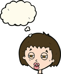 cartoon woman narrowing eyes with thought bubble