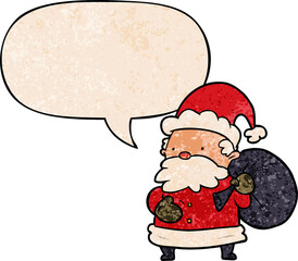 cartoon santa claus and speech bubble in retro texture style