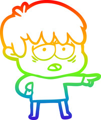 rainbow gradient line drawing cartoon exhausted boy