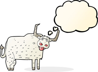 cartoon hairy cow with thought bubble