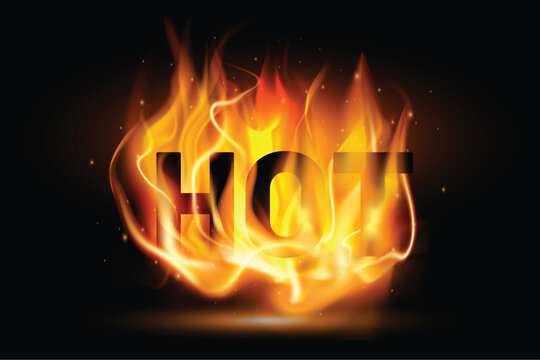Realistic hot fire flame label composition banner