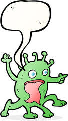 cartoon weird little alien with speech bubble