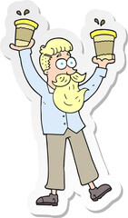sticker of a cartoon man with coffee cups