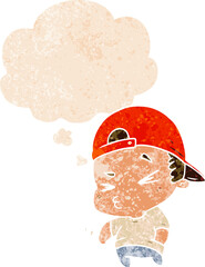 cartoon cool kid and thought bubble in retro textured style