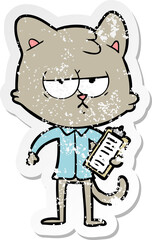 distressed sticker of a bored cartoon cat taking survey