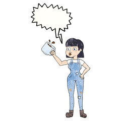 speech bubble textured cartoon female worker with coffee mug