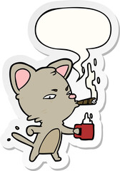Obraz premium cartoon serious business cat and coffee and cigar and speech bubble sticker
