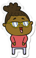 sticker of a cartoon happy woman wearing spectacles