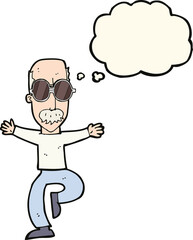 cartoon old man wearing big glasses with thought bubble