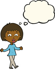 cartoon woman shrugging shoulders with thought bubble