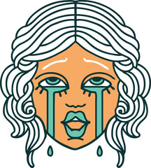 tattoo style icon of a very happy crying female face
