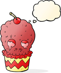 spooky skull cupcake cartoon with thought bubble