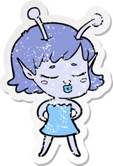 distressed sticker of a cute alien girl cartoon