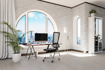 luxurious loft apartment with arched window and panoramic view over urban downtown; noble interior computer workspace with desk; 3D Illustration