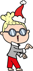 line drawing of a woman wearing spectacles wearing santa hat
