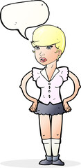 cartoon woman with hands on hips with speech bubble