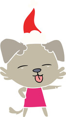 flat color illustration of a dog sticking out tongue wearing santa hat