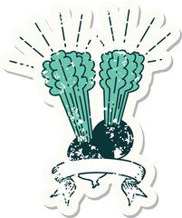 grunge sticker of tattoo style beets with leaves