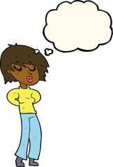 cartoon woman whistling with thought bubble