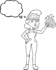 thought bubble cartoon hard working woman with beer