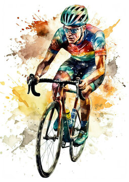 Watercolor abstract representation of a cyclist. Bicycle racer in action during colorful paint splash, isolated on white background. AI generated illustration.