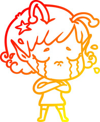 warm gradient line drawing cartoon crying alien girl