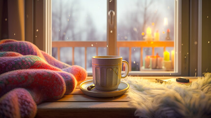 Cozy winter evening relaxation, with a warm cup of coffee. Generative AI.